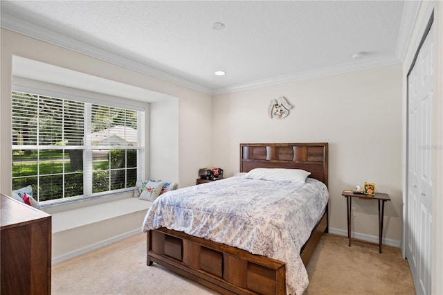2613 Breezy Meadow Rd, Apopka, FL 32712 - bedroom with light colored carpet, crown molding, and a closet