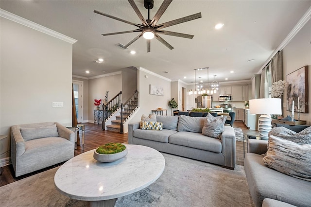 4316 Foggy Oak Ln, Sanford, FL 32773 - living room with recessed lighting, crown molding, stairs, wood finished floors, and a ceiling fan
