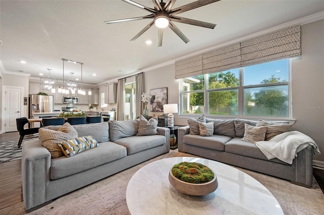 4316 Foggy Oak Ln, Sanford, FL 32773 - living room featuring ornamental molding, recessed lighting, a ceiling fan, and wood finished floors
