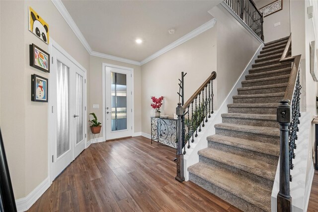 4316 Foggy Oak Ln, Sanford, FL 32773 - entrance foyer with stairway, wood finished floors, ornamental molding, and recessed lighting