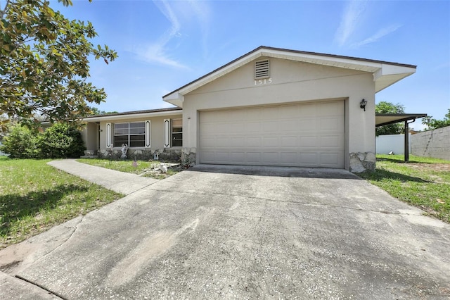 1515 Colonist Ct, Orlando, FL 32818 - ranch-style home featuring stucco siding, concrete driveway, a garage, a front yard, and stone siding