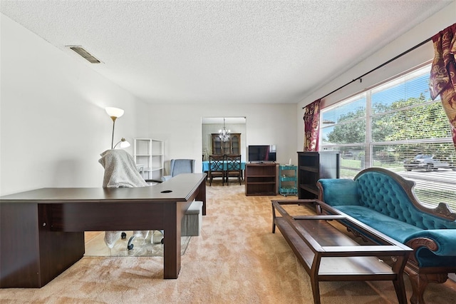 1515 Colonist Ct, Orlando, FL 32818 - office area featuring light colored carpet, a textured ceiling, and a chandelier