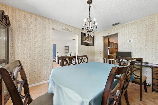1515 Colonist Ct, Orlando, FL 32818 - carpeted dining area with a chandelier, wallpapered walls, and a textured ceiling