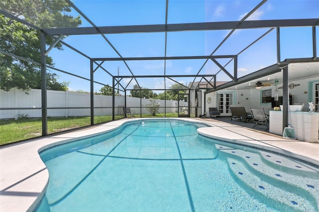 1515 Colonist Ct, Orlando, FL 32818 - view of swimming pool with a patio area, french doors, ceiling fan, and glass enclosure
