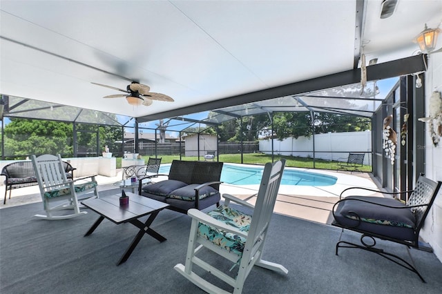 1515 Colonist Ct, Orlando, FL 32818 - fenced backyard with a patio, an outdoor hangout area, a lanai, and ceiling fan