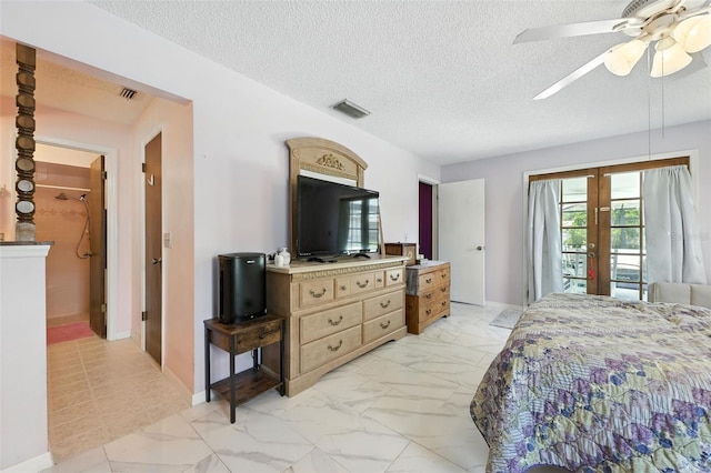 1515 Colonist Ct, Orlando, FL 32818 - bedroom featuring access to exterior, light marble finish floors, french doors, a textured ceiling, and a ceiling fan