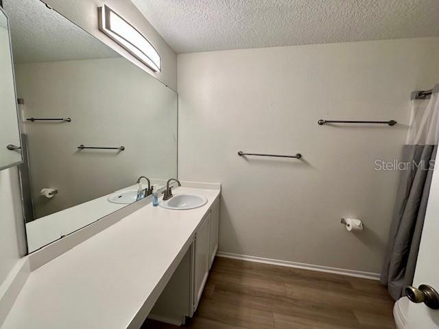 125 Reserve Cir Unit 205, Oviedo, FL 32765 - bathroom featuring wood finished floors, a textured ceiling, vanity, and a shower with curtain