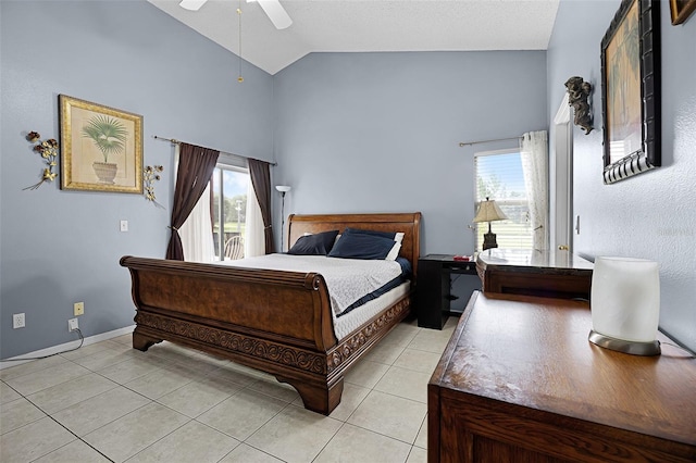 527 Durango Loop St, Davenport, FL 33897 - bedroom with access to exterior, multiple windows, light tile patterned floors, high vaulted ceiling, and a ceiling fan