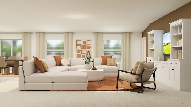 2084 Forage Dr, Kissimmee, FL 34746 - carpeted living room featuring vaulted ceiling