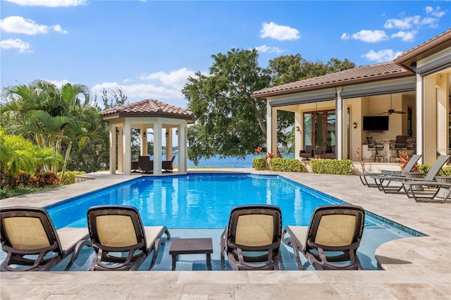 14315 80th Ave, Sebastian, FL 32958 - swimming pool with a gazebo, a patio area, and a ceiling fan