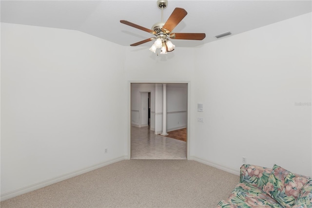 1908 S Farm Rd, Deland, FL 32720 - unfurnished room featuring vaulted ceiling, a ceiling fan, and light colored carpet