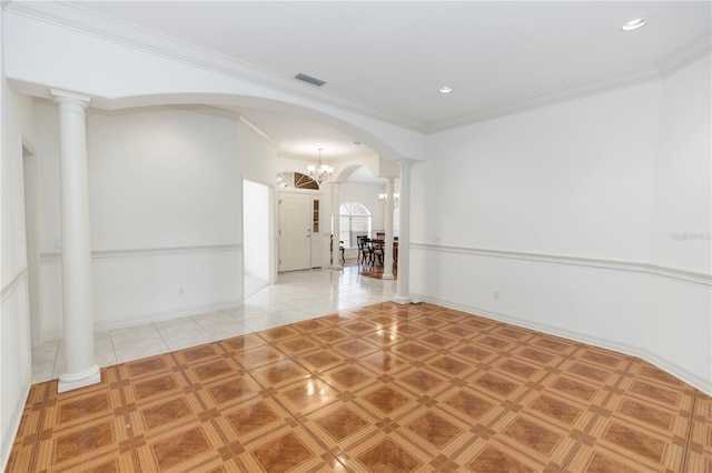 1908 S Farm Rd, Deland, FL 32720 - unfurnished room with decorative columns, arched walkways, ornamental molding, recessed lighting, and a chandelier