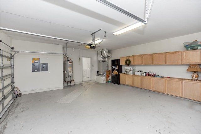 1908 S Farm Rd, Deland, FL 32720 - garage featuring electric panel, washer / clothes dryer, water heater, a garage door opener, and heating unit