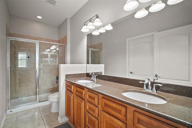 5116 Tempic Dr, Mount Dora, FL 32757 - bathroom with tile patterned flooring, a stall shower, and double vanity