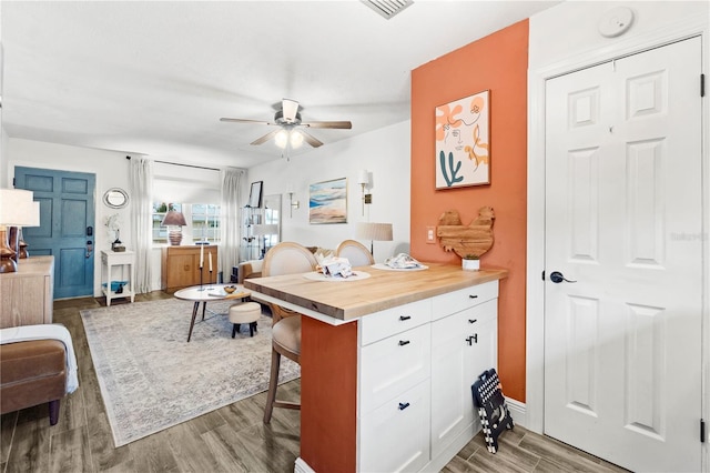 1100 E Caroline St Unit 204, Tavares, FL 32778 - kitchen with white cabinetry, a ceiling fan, wood finished floors, and a kitchen bar
