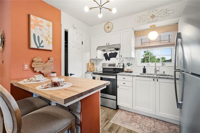 1100 E Caroline St Unit 204, Tavares, FL 32778 - kitchen featuring appliances with stainless steel finishes, under cabinet range hood, light wood-style floors, white cabinetry, and a chandelier