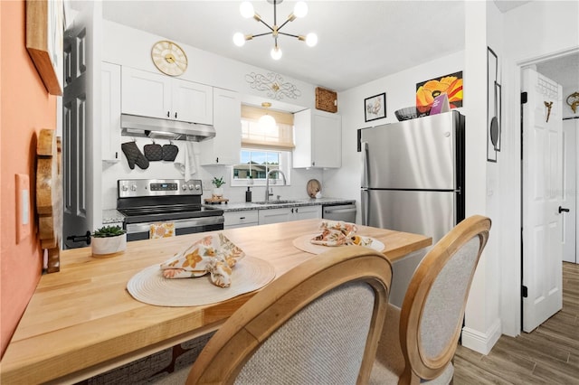1100 E Caroline St Unit 204, Tavares, FL 32778 - kitchen featuring stainless steel appliances, under cabinet range hood, a chandelier, white cabinets, and pendant lighting