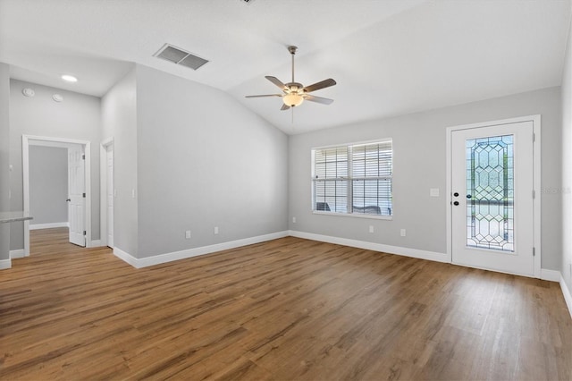 449 Timmonsville Way, The Villages, FL 32162 - entryway featuring ceiling fan, wood finished floors, and vaulted ceiling