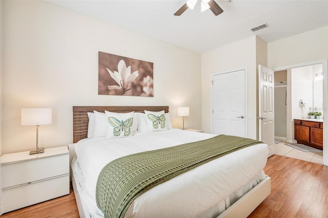 4114 Breakview Dr Unit 110, Orlando, FL 32819 - bedroom with light wood-style flooring, ensuite bath, and a ceiling fan