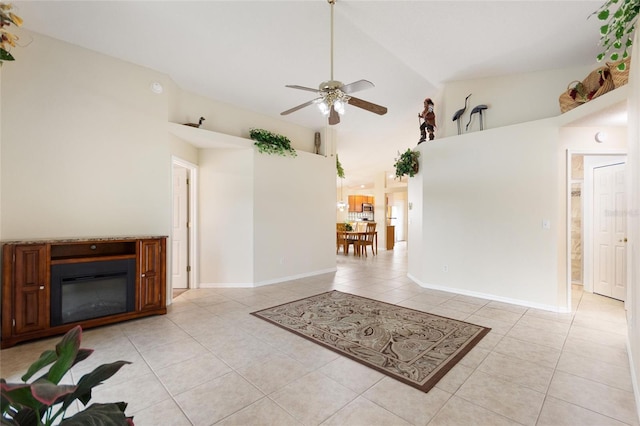162 Canary Island Cir, Davenport, FL 33837 - living room with light tile patterned flooring, a ceiling fan, and high vaulted ceiling