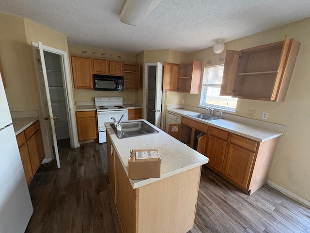 266 Vervain Ave, Davenport, FL 33837 - kitchen with open shelves, white appliances, dark wood finished floors, and a textured ceiling