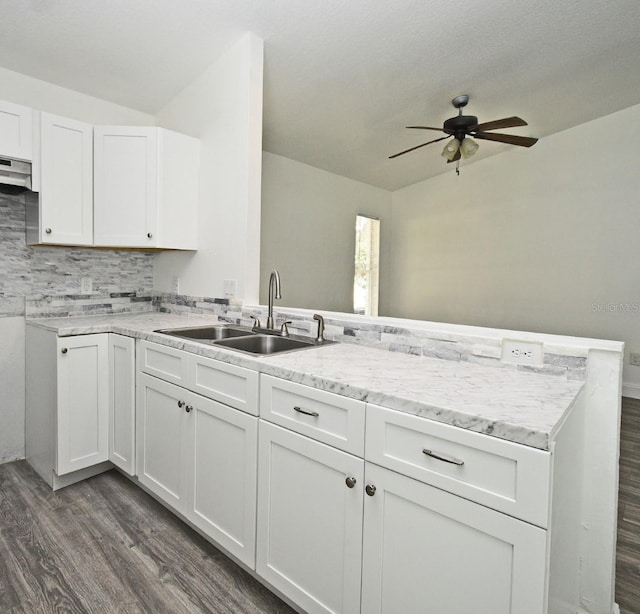 1502 W 16 Th St, Sanford, FL 32771 - kitchen with dark wood-style flooring, a peninsula, a ceiling fan, white cabinetry, and light stone counters