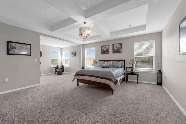 1270 Fountain Coin Loop, Orlando, FL 32828 - bedroom with coffered ceiling, carpet floors, multiple windows, a chandelier, and beam ceiling