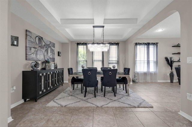 1270 Fountain Coin Loop, Orlando, FL 32828 - dining space with coffered ceiling, beamed ceiling, and arched walkways