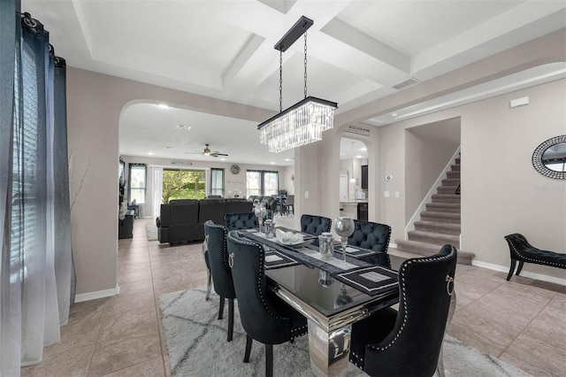 1270 Fountain Coin Loop, Orlando, FL 32828 - dining area with arched walkways, a ceiling fan, stairs, light tile patterned flooring, and coffered ceiling