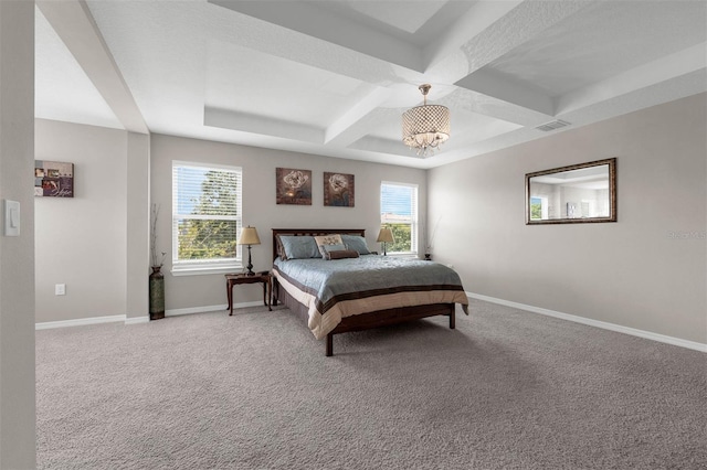 1270 Fountain Coin Loop, Orlando, FL 32828 - bedroom featuring coffered ceiling, light carpet, a chandelier, and beam ceiling