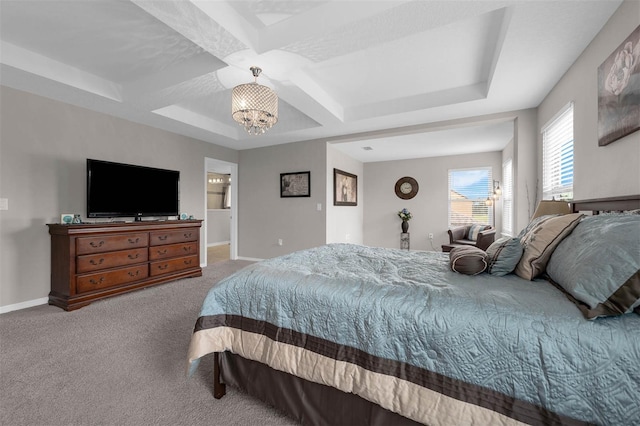 1270 Fountain Coin Loop, Orlando, FL 32828 - bedroom with coffered ceiling, a chandelier, carpet floors, and beamed ceiling