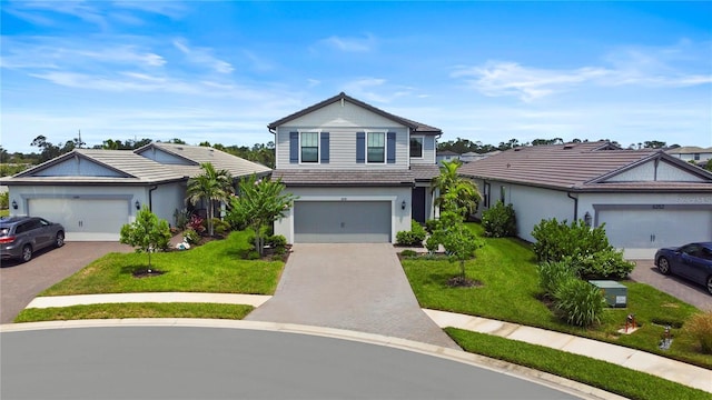 6256 Baywood Ct, Bradenton, FL 34211 - traditional-style house featuring a front yard, stucco siding, a tile roof, driveway, and a garage
