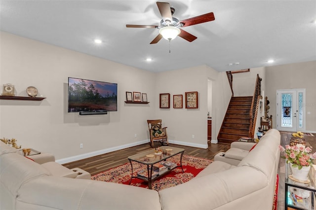 13525 Gorgona Isle Dr, Windermere, FL 34786 - living area with stairs, wood finished floors, ceiling fan, and recessed lighting