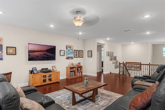 13525 Gorgona Isle Dr, Windermere, FL 34786 - living room featuring dark wood-style flooring, recessed lighting, and a ceiling fan