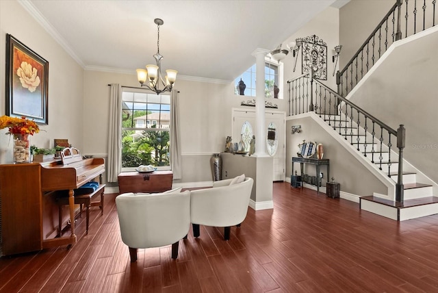 13147 Meergate Cir, Orlando, FL 32837 - dining room with a chandelier, healthy amount of natural light, stairs, wood finished floors, and ornamental molding