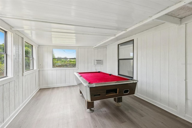 18015 Beach St, Umatilla, FL 32784 - playroom featuring wood finished floors, billiards table, a wall mounted air conditioner, and wood walls