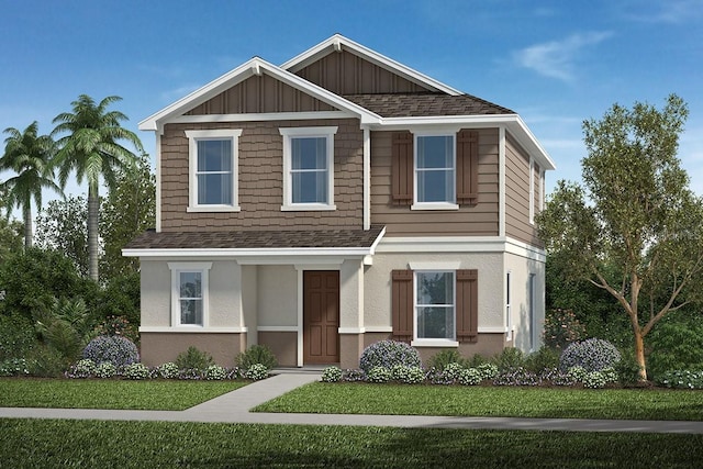9644 Westside Hills Dr, Davenport, FL 33896 - view of front of property with board and batten siding, a shingled roof, a front lawn, and stucco siding