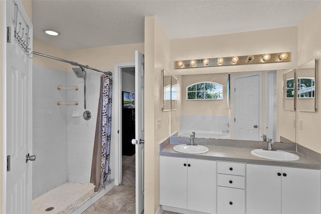 141 Winsor Ave, Davenport, FL 33837 - bathroom featuring double vanity, tiled shower, and a bath