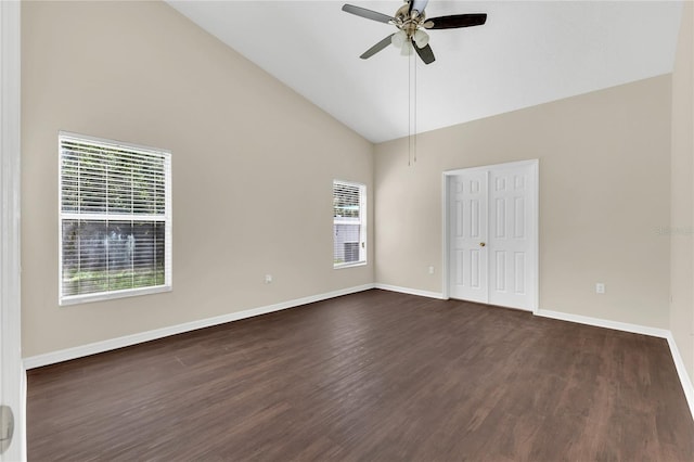 1753 Sage Creek Ct, Orlando, FL 32824 - unfurnished bedroom with dark wood-style floors, high vaulted ceiling, and ceiling fan