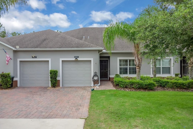 multi unit property featuring an attached garage, decorative driveway, a front yard, stucco siding, and a shingled roof