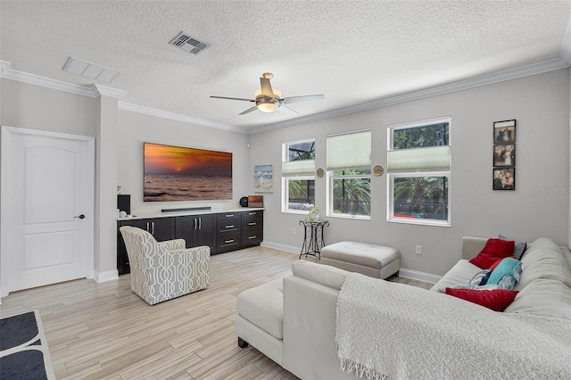 100 Verde Way, Debary, FL 32713 - living area featuring crown molding, a textured ceiling, a ceiling fan, and light wood finished floors