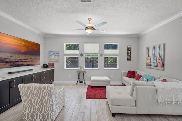 100 Verde Way, Debary, FL 32713 - living room featuring ceiling fan, crown molding, light wood finished floors, and a textured ceiling