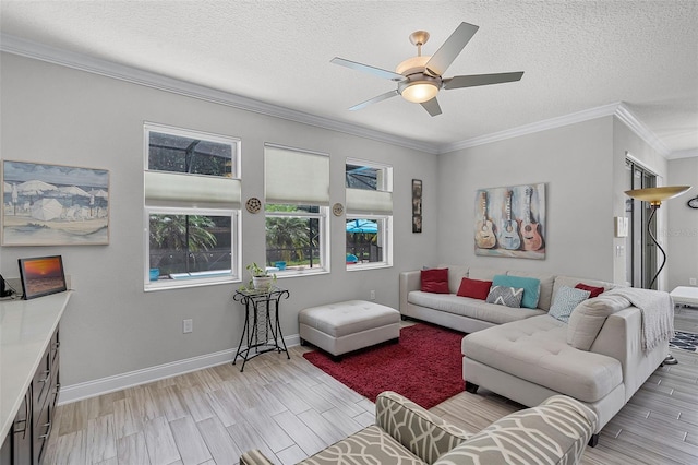 100 Verde Way, Debary, FL 32713 - living area with a ceiling fan, ornamental molding, a textured ceiling, and wood tiled floors