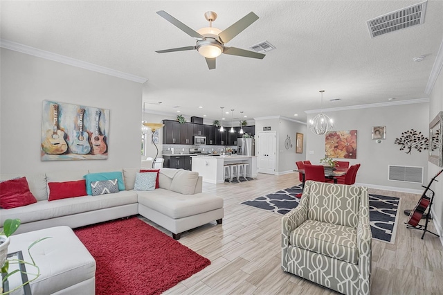 100 Verde Way, Debary, FL 32713 - living room with a chandelier, ceiling fan, ornamental molding, light wood-style floors, and recessed lighting