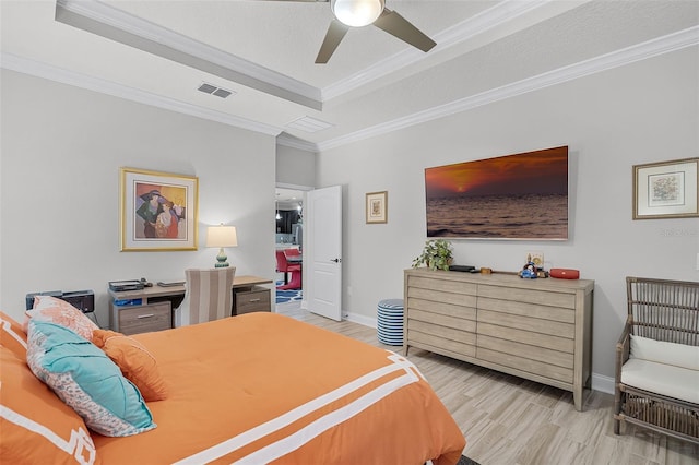 100 Verde Way, Debary, FL 32713 - bedroom featuring a raised ceiling, crown molding, light wood-style floors, and a ceiling fan