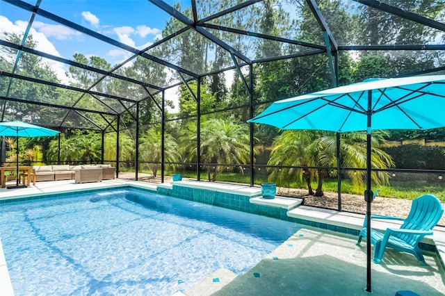 100 Verde Way, Debary, FL 32713 - outdoor pool with an outdoor living space, a patio area, and glass enclosure