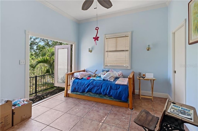 12350 83rd St, Fellsmere, FL 32948 - tiled bedroom featuring access to outside, crown molding, and a ceiling fan