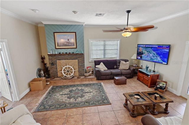 12350 83rd St, Fellsmere, FL 32948 - tiled living room with ornamental molding, a fireplace, and a ceiling fan