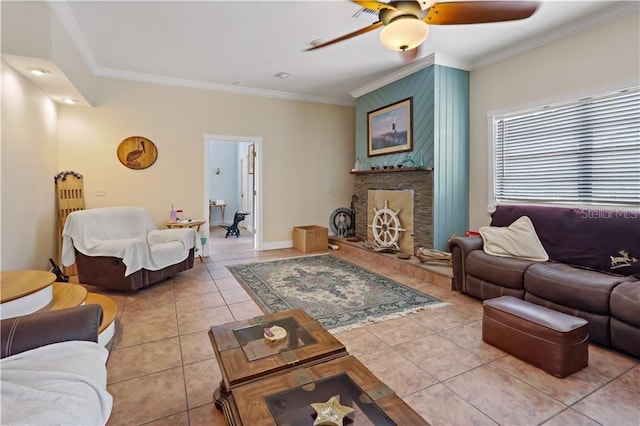 12350 83rd St, Fellsmere, FL 32948 - living area with ornamental molding, ceiling fan, tile patterned floors, and a fireplace with raised hearth