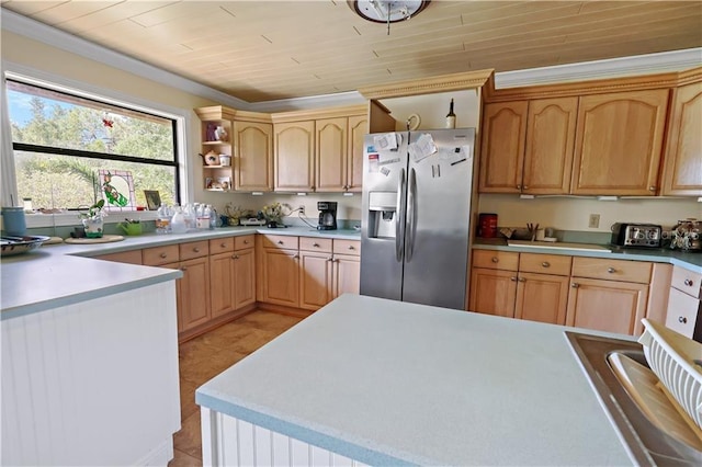 12350 83rd St, Fellsmere, FL 32948 - kitchen with stainless steel fridge with ice dispenser, light countertops, open shelves, and wooden ceiling